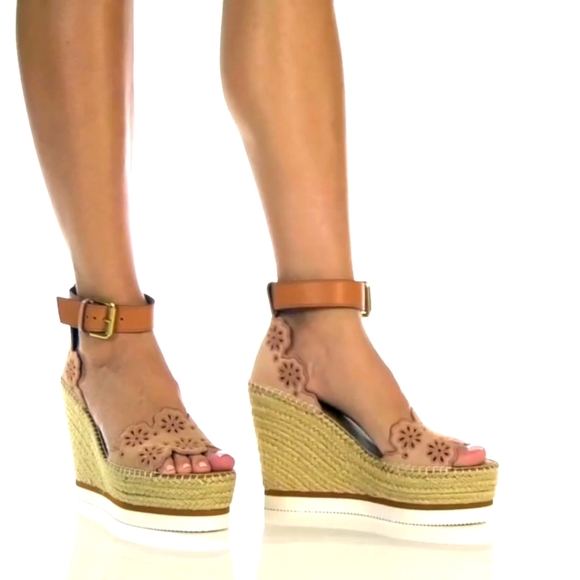 SEE BY CHLOÉ Floral Laser-Cut Suede Platform Espadrille Wedge Sandals size 38